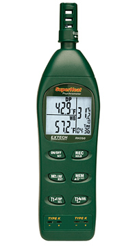 Compact Handheld Hygrometer, Triple Display: RH Temp Timer, Probe 6' cable,  PC Interface - Thermco Products